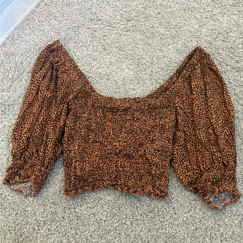 Urban Outfitters Brown Animal Print Smocked Top